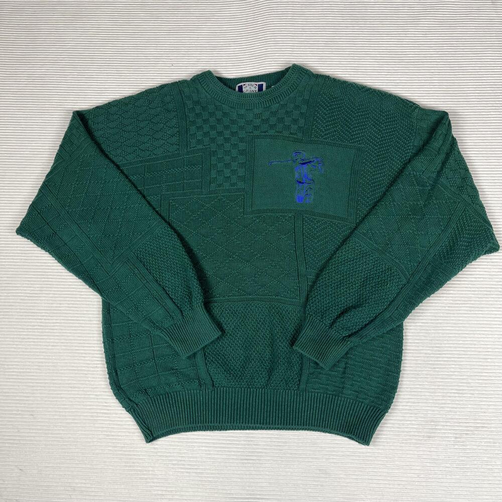 Vintage Sutter & Grant Sweater Mens M Green Golf Graphic Cable Knit Pullover